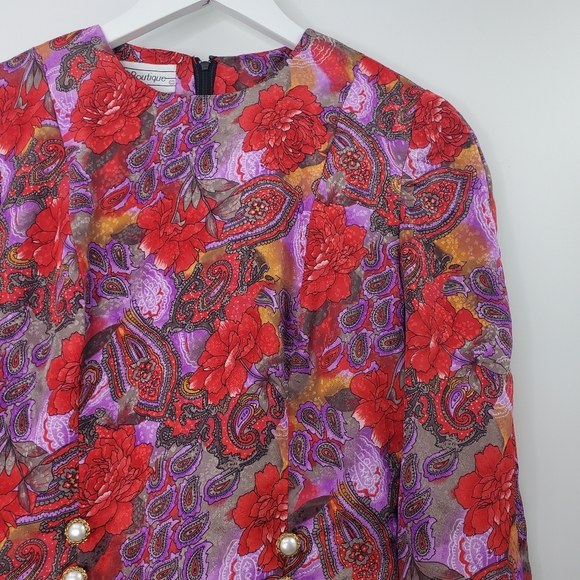 Vintage 80s Maggy Boutique Floral Printed Satin Suit Dress Pearl Buttons - Picture 3 of 9